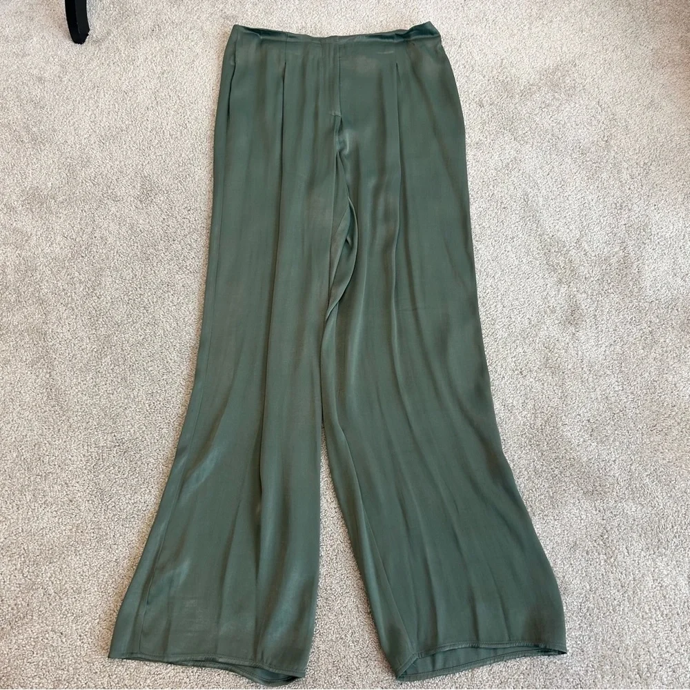 ZARA khaki green full length high waisted pleated wide leg satin effect pants M - Picture 4 of 13